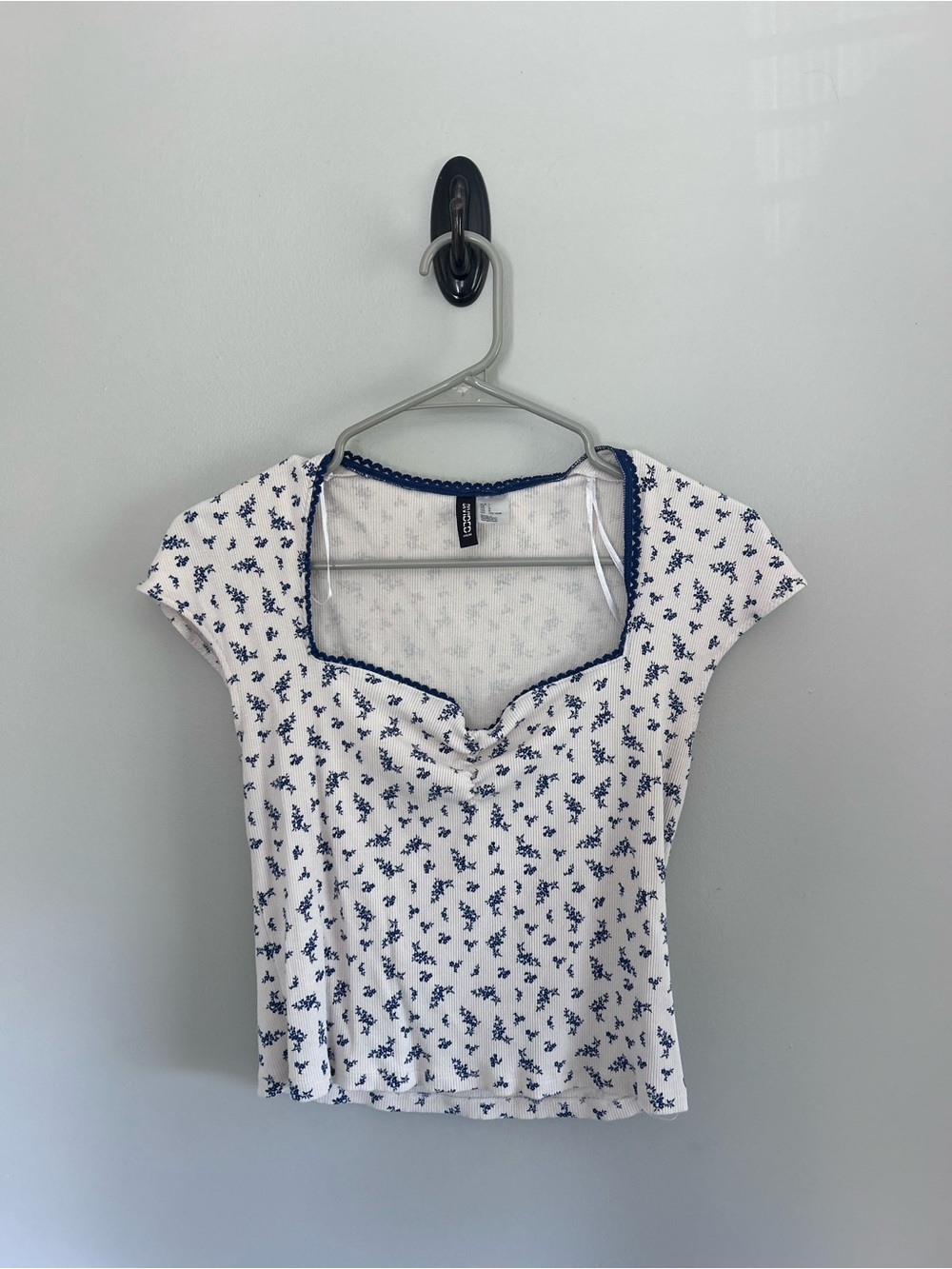 H&M White & Blue Floral Square Neck Top, Cap Sleeve